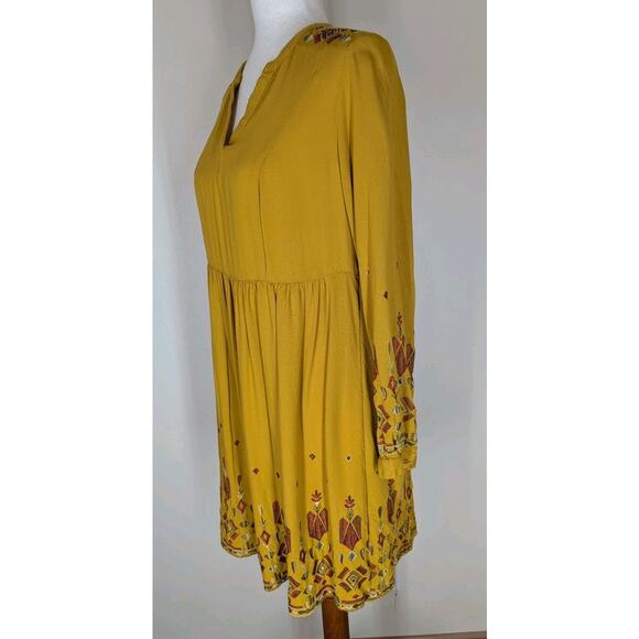 Womens S Boho Long Sleeve Dress Embroidered V Neck Gold Mustard Yellow Hippie - Picture 3 of 14